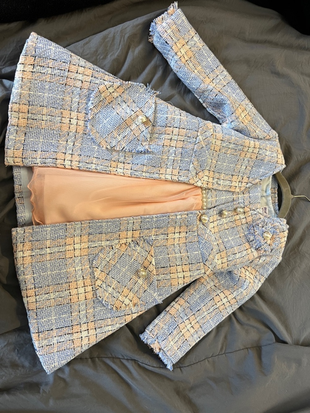 Blueberi Boulevard Pastel Blue & Peach Tweed Trench Coat